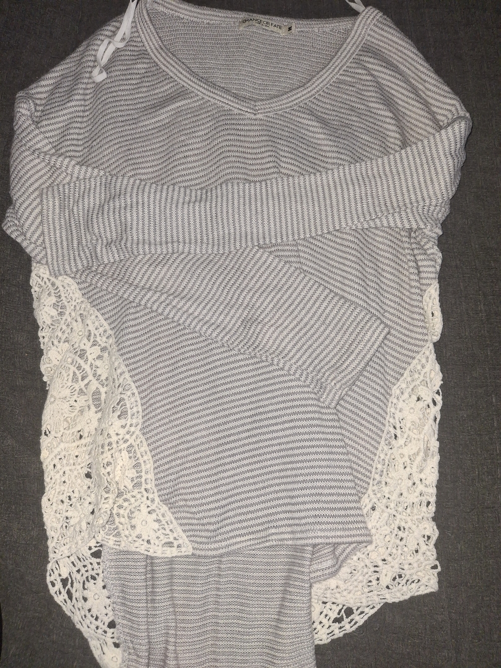 Chance or Fate Gray Striped V-Neck Tunic with White Crochet Trim